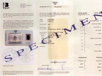 HRD diamond grading certificate